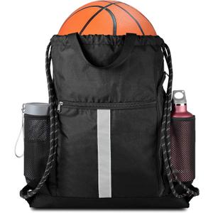 BeeGreen Drawstring Backpack Bag Sports Gym Backpack with Shoe Compartment and Two Water Bottle Holder for Men Women Large String Backpack Athletic Sackpack Workbag Black