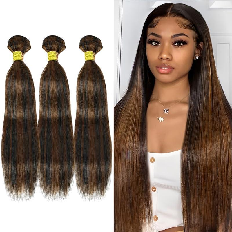 22 24 26Inch Brown Highlight Bundles Human Hair Light Brown Straight Bundles Brazilian Virgin Hair Weave 3Bundles Hair DealBlack and Brown#p1b/30