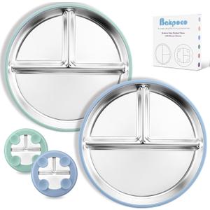 Bakpoco Stainless Steel Toddler Plate with Suction 2Pack, 9 Divided Kids Plates with Silicone Suction for Baby Self Feeding, Non Toxic Non Slip Unbreakable Snack Dishes Dinnerware Set, Blue & Sage, 9" Round