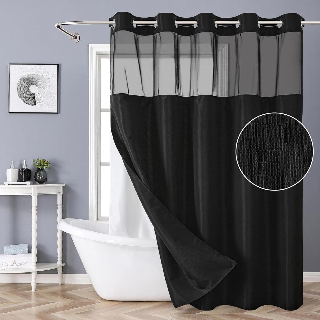 eachope Extra Long No Hook Shower Curtain with Snap-in Fabric Liner Set,Slub Textured Fabric Shower Curtains for Bathroom,Hotel Style Modern Shower Curtain,Water Repellent & Washable,71x86(84),Black