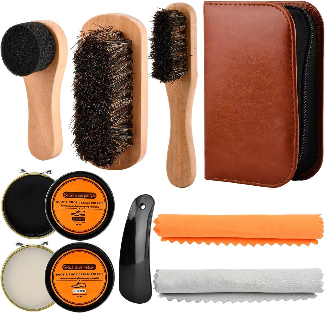 9-in-1 Shoe Shine Kit and Leather Polish Set, Include Black Neutral Shoes Wax 2 Horsehair Brushes, Shoe Polish, Shine Cloths, Boot Care, Cleaning Gifts for Men Women