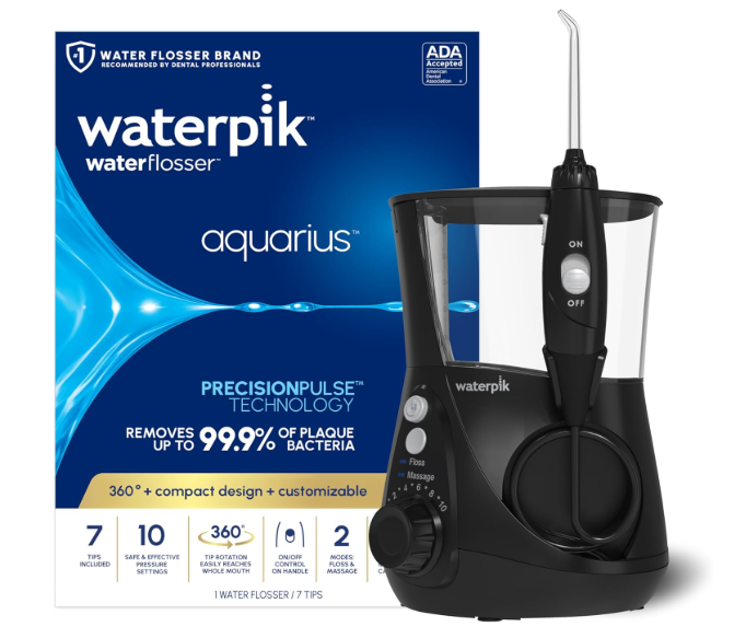 Waterpik Aquarius Water Flosser For Teeth Cleaning, Gums, Braces, Dental Care, Electric Power With 10 Settings, 7 Tips For Multiple Users And Needs, ADA Accepted, Black WP662