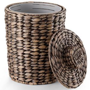 2 Gallons Wicker Waste Basket - Water Hyacinth Bathroom Trash Can - Garbage Can with Lid Boho Style - Wicker Trash Can with Lid for Bedroom, Kitchen - Removable Liner, Handwoven (Black Color)