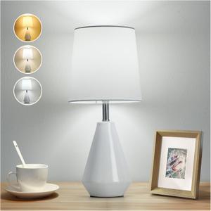 Small Bedside Table Lamp for Bedroom - Reading Desk Lamp with 3 Color Temperatures15.5" Nightstand Ceramic Lamp with Fabric Shade for Kids Room,Living Room,Dorm,Home Office (White)