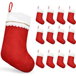MNKXL 12PCS Christmas Stockings Bulk, Large 19 Inch Traditional Red & White Felt Stockings with White Cuff and Gold Trim, Christmas Stockings Bulk for Fireplace Mantel & Holiday Decorations