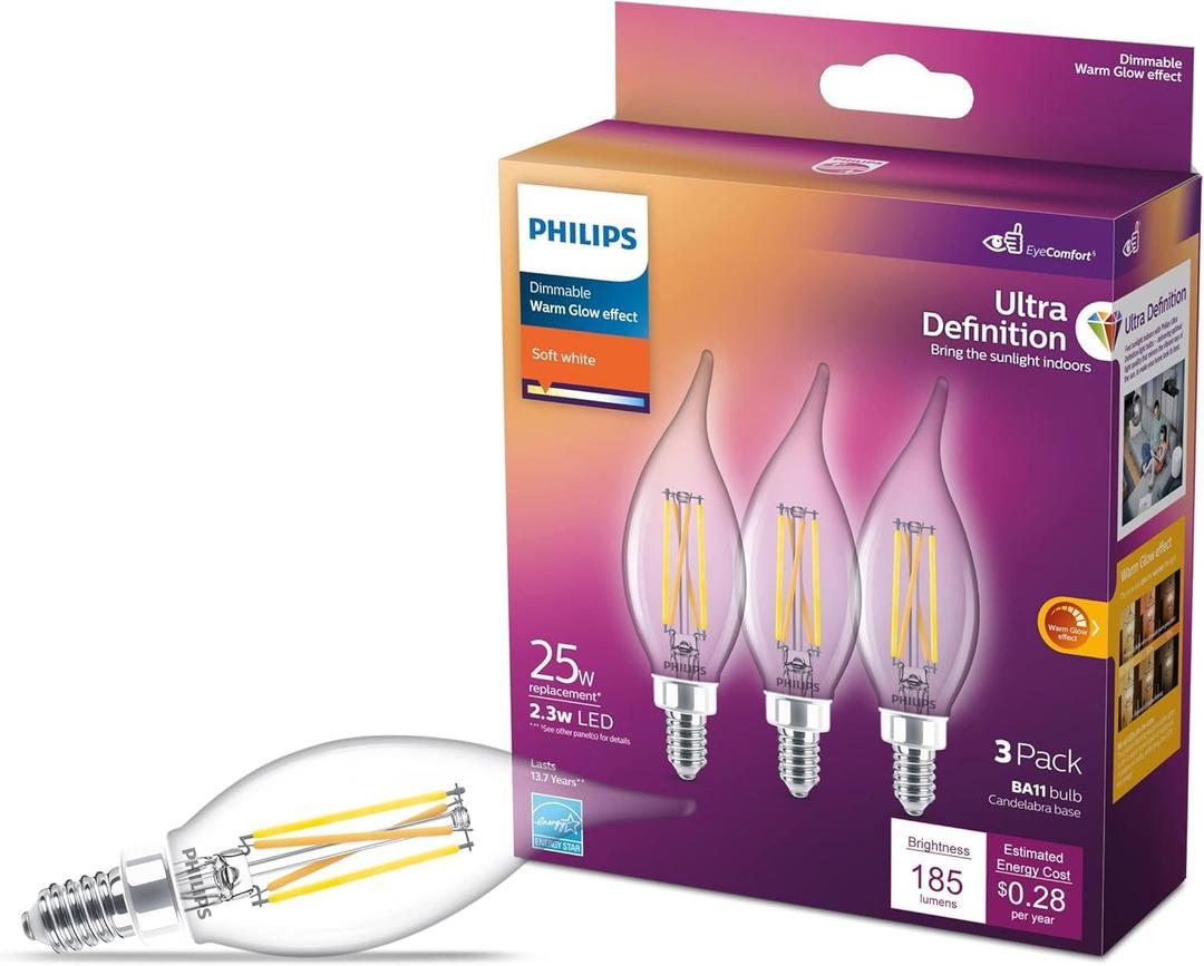 25W BA11 E12 Base 3-Pack Ultra Definition Soft White (2700K) 185 Lumen (2.3W = 25W) Dimmable Clear Flicker-Free Candelabra Light Bulbs