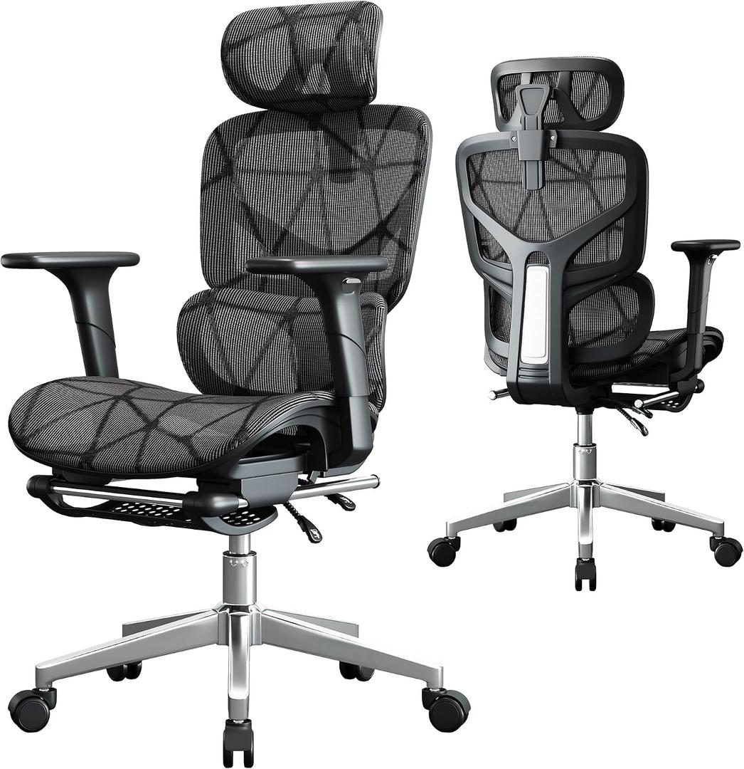 Mesh Office Chair,Ergonomic Computer Chair,Adjustable Lumbar High Back Desk Chair 400lbs,4D Adjustable Armrests & Removable Headrest,Breathable Mesh Chair for Adults,Home Gaming & Workplace(Black), Oversized