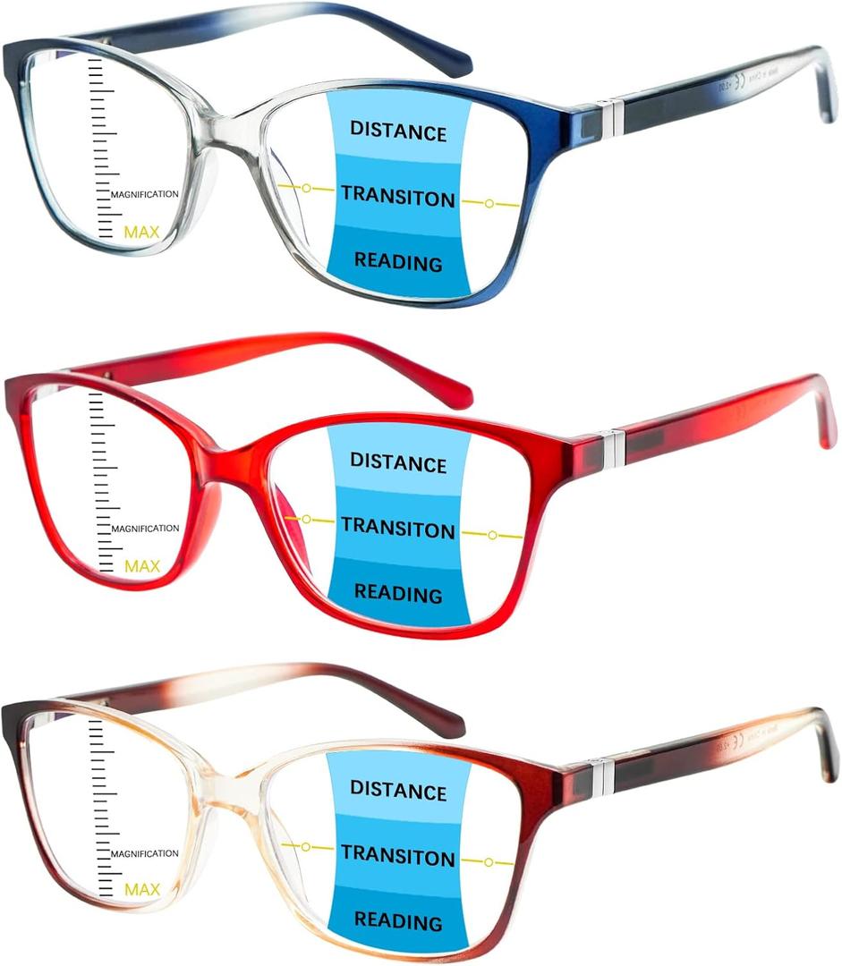 3 Pack Progressive Multifocus Reading Glasses Blue Light Blocking Multifocal Readers for Women Men with Spring Hinge (3 Mix C1, 1.25, multiplier_x)