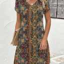 Zeagoo Summer Dresses for Women Casual A Line Dress 2026 V Neck Short Dresses Floral Sundress Pleated Boho Dress (L)