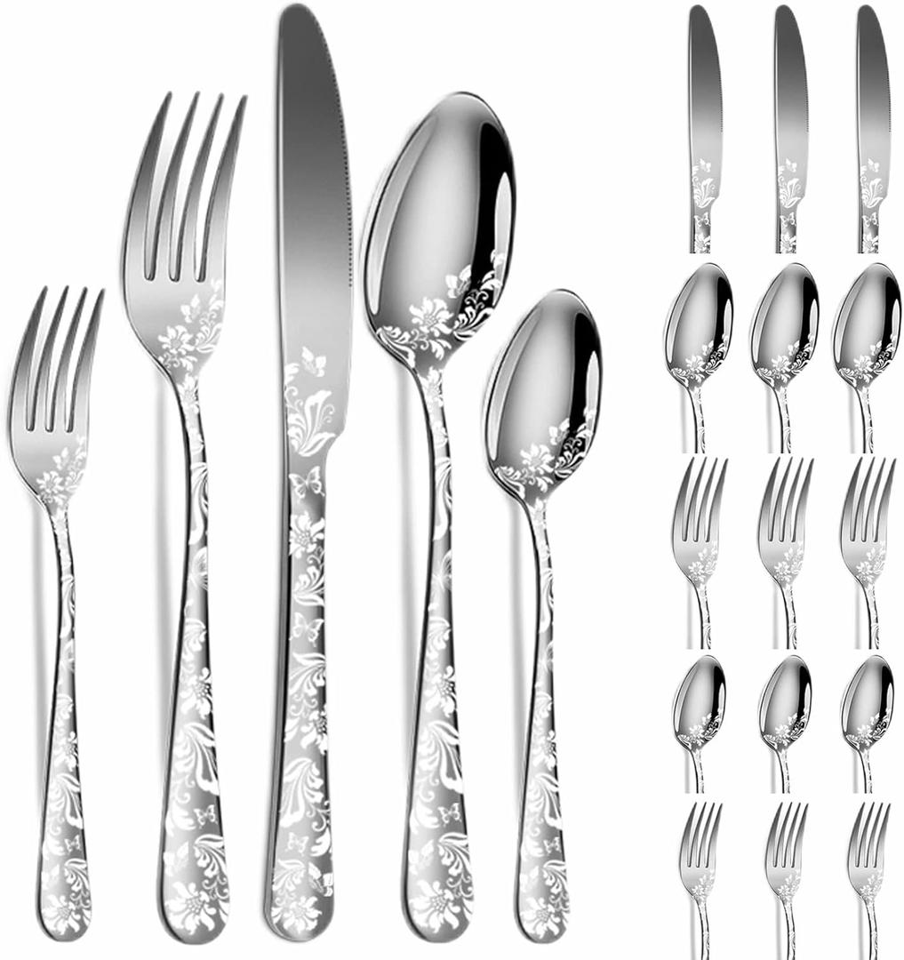 vilihkc 20 piece Unique Pattern Design Silverware Set, Stainless Steel Flatware Set Service for 4, silver Cutlery Set, Mirror Polished Utensil Set for Kitchen, Dishwasher Safe