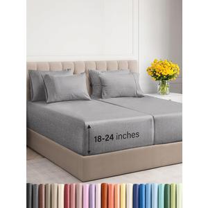 Extra Deep Split King Sheet Set - 7 Piece Breathable & Cooling Sheets - Hotel Luxury Bedding Set 18-24 Inch Extra Deep Pockets - Easy Fit, Soft, Wrinkle Free & Comfy - Heathered Grey, Split King Size