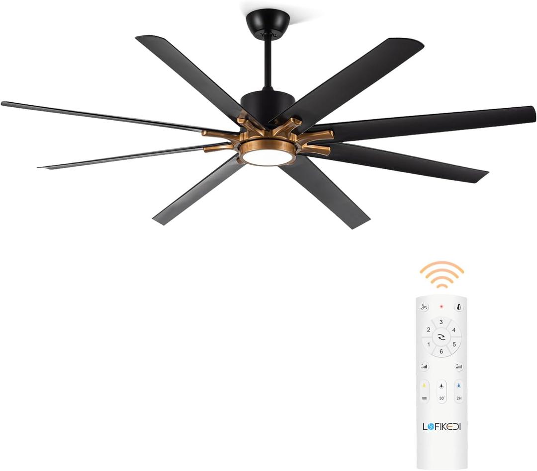 72 Inch Large Ceiling Fan with Light and Remote Control, 8 Blades Modern Ceiling Fan with Reversible DC Motor, Stepless Dimmable, Quiet for Indoor Use, Black and Gold