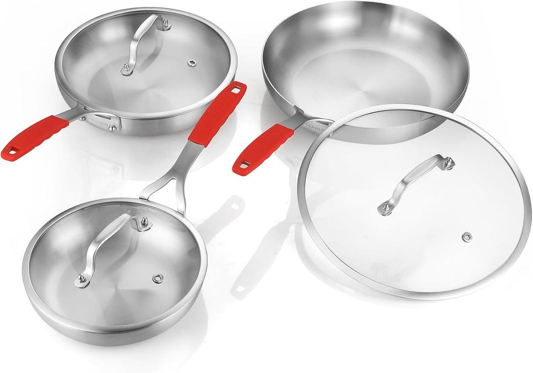DELARLO Tri-Ply Stainless Steel Frying Pan Set 8" 10" 12" With Lid skillets