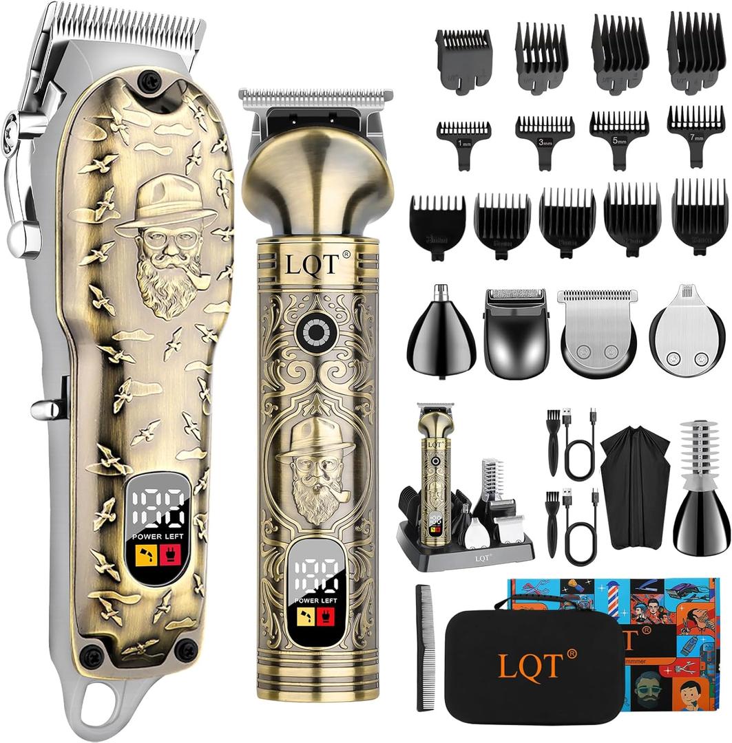 LQT Professional Hair Clippers for Men - Cordless Electric Hair Trimmer & Beard Shaver Kit with Stainless Steel Blades, 12 Guide Combs (1-15mm), Type-C Charging Trimming & Fading (Bronze)