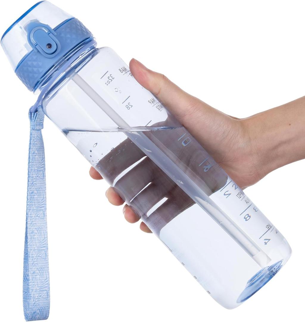 GOPPUS Clear Water Bottle With Straw 32oz Clear Sports Water Bottles Motivational with Time Marker Tritan BPA Free Clea Plastic Water Bottle Wide Mouth for Gym Travel Home School Office (Misty Purple)