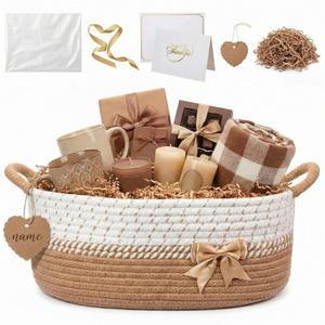 Colingmill Woven Empty Gift Basket 14 * 10 * 5.5 in Basket with Gift Bag Ribbon and Paper Filler Thank You Card Tag for Nursery Living Room Shelves Birthday(Khaki,Jumper Wire)