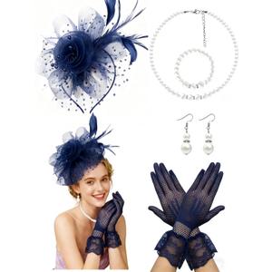 1920s Vintage Fascinators Hat Set for Women Tea Party Hats Veil Mesh Feather Headband Lace Gloves Set (Blue)