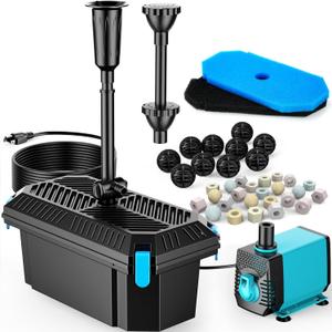 POPOSOAP Pond Filter with Pump Fountain Kits, 660GPH Pond Filter with 40W Pond Pump & Fountain Kit, Koi Pond Filters for Outdoor Ponds Clean, Clear, and Add Water Features (Corded Electric) (S104)