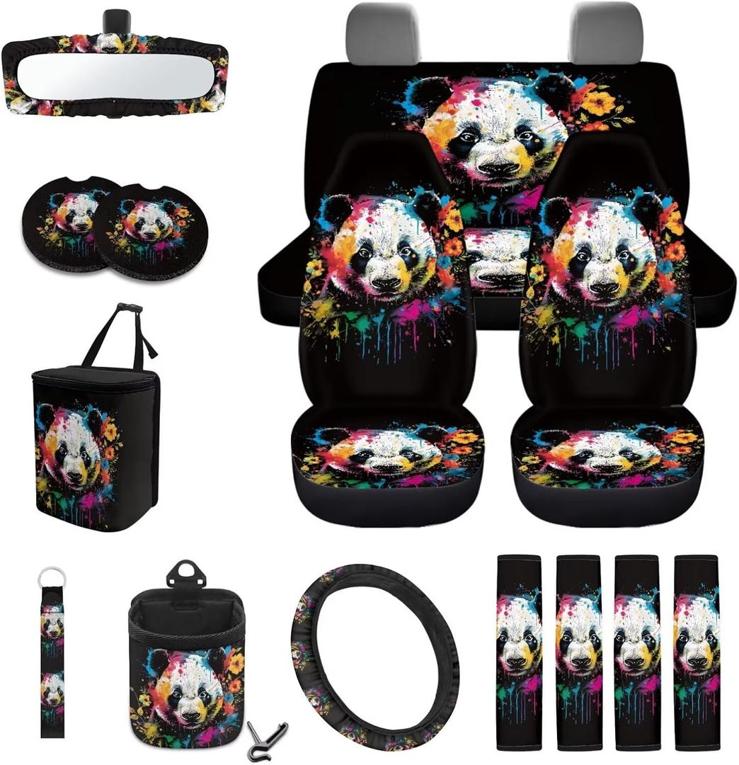 Panda Paint Splatter Pattern Car Seat Covers Full Set of 15 Steering Wheel Cover Trash Bin Air Vent Pouch Seat Belt Cover Keychains Coaster Rearview Mirror Cover