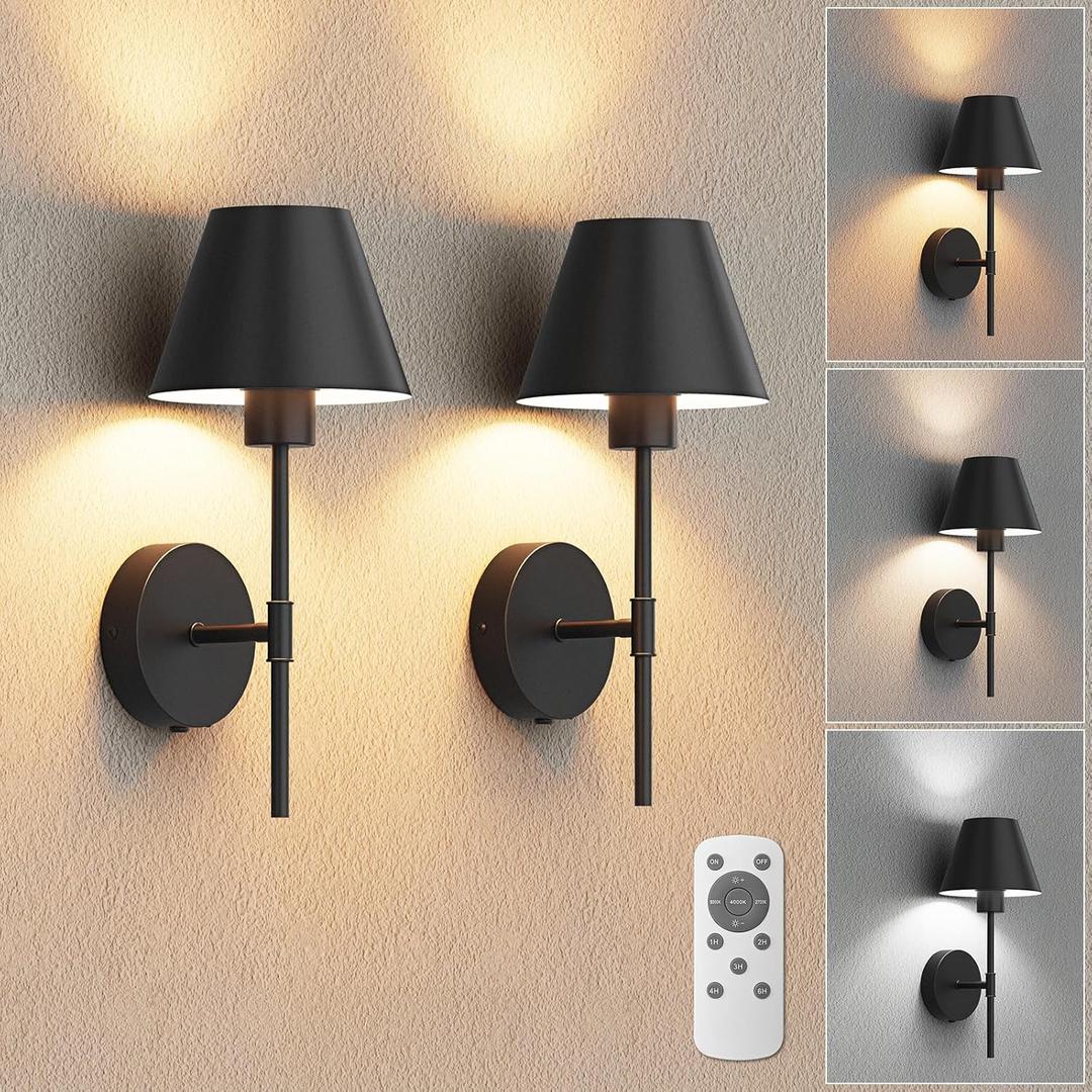 VOLISUN 17In Battery Operated Wall Sconces Set of Two,Brushed Black Wall Sconce Rechargeable with Remote,3 Colors Wireless Wall Sconces and Led Wall Lights for Living Room,Bedroom,Hallway,Bathroom