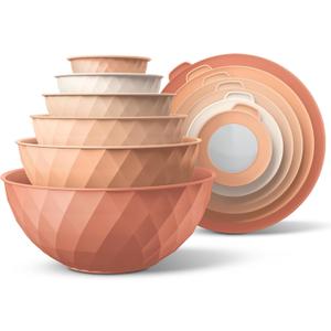 COOK WITH COLOR Mixing Bowls with Lids - 12 Piece Plastic Nesting Bowls Set includes 6 Prep Bowls and 6 Lids, Microwave Safe Mixing Bowl Set, Orange Diamond