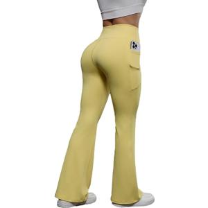 ZFLM Womens Workout High Waist Yoga Flare Leggings with Pockets Gym Running (Yellow, M)