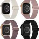 4 Pack Stretchy Solo Loop Compatible with Apple Watch Bands 38mm 40mm 41mm 42mm 44mm 45mm 46mm 49mm Women Men, Sport Nylon Elastic Straps Wristbands for iWatch Series 11 10 9 8 7 6 5 4 11 Ultra/SE 3 2 (Black/Pink/SmokePurple/Starlight)
