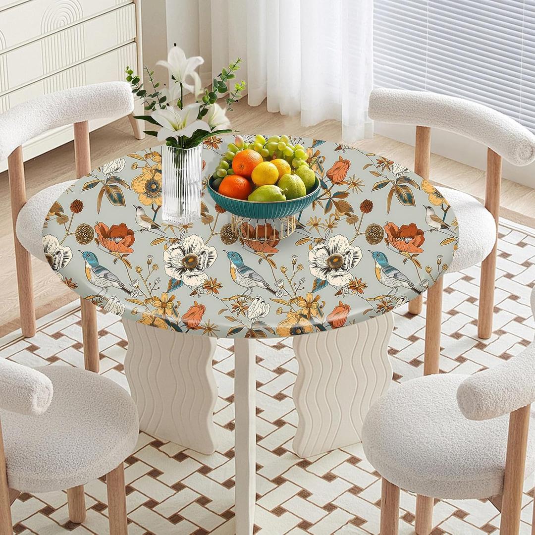 Autumn Melody Floral Round Tablecloth  Fitted Circle Table Cover with Elastic Edge, Waterproof & Washable Polyester Table Cloth for 55" to 66" Indoor/Outdoor Tables (Autumn Songbird Canvas)