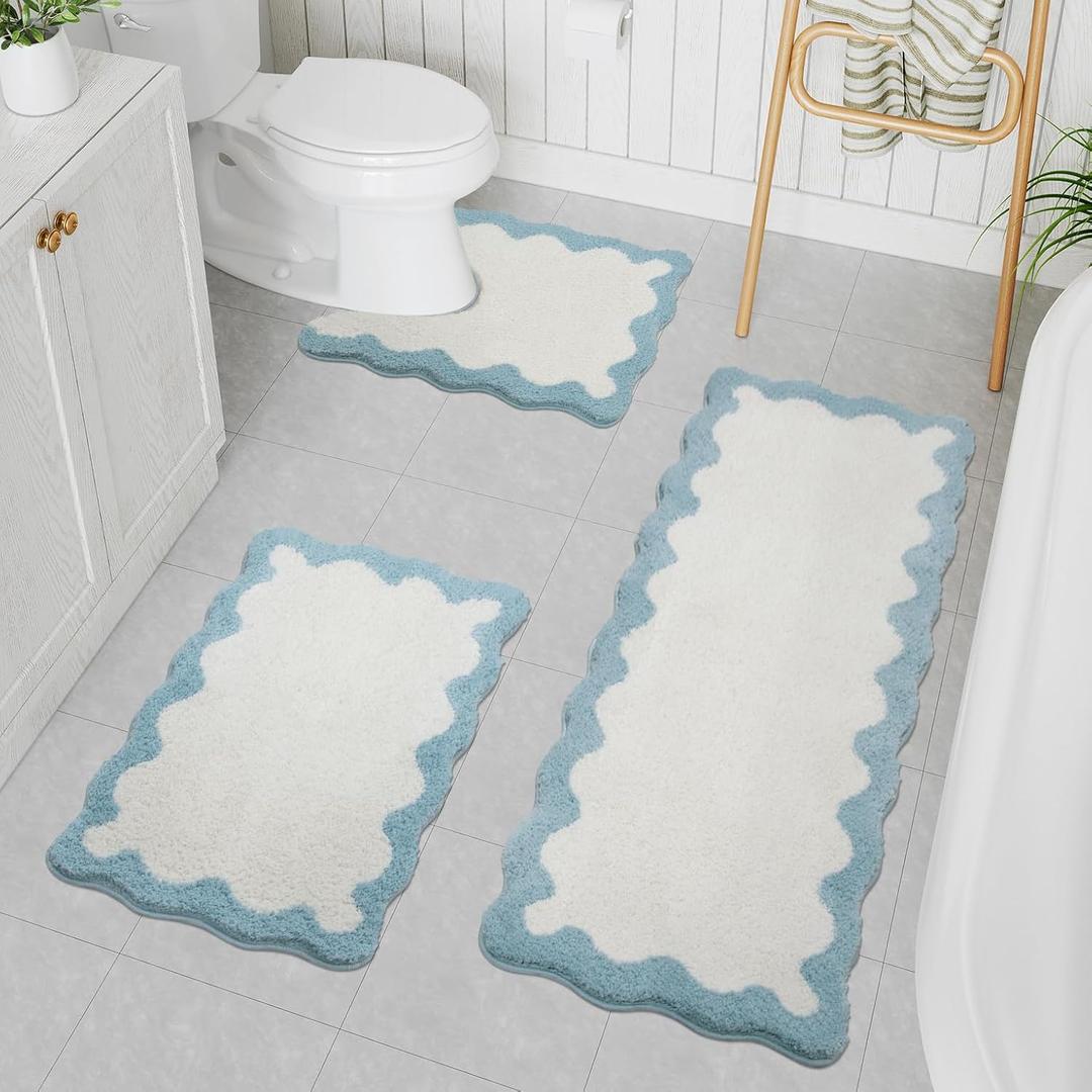 Uphome Blue Bathroom Rug Set Scalloped Non-Slip Absorbent Bathroom Mats Sets 3 Piece Cute Plush Machine Washable Shower Mat with U-Shaped Contour Toilet Rug for Shower Toilet Sink
