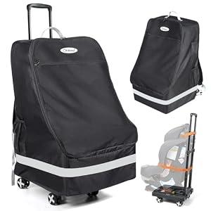 Orzbow Car Seat Carrier for Airport, Folding Car Seat Travel Bag & Cart with 4 Wheels and High Load-Bearing, Padded Gate Check Bag Fits Most Infant Car Seats & Carriers, Easy to Use, Black
