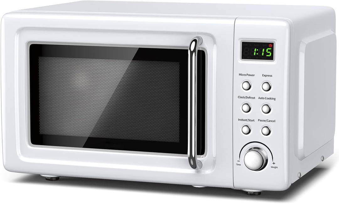 Moccha Compact Retro Microwave Oven, 0.7Cu.ft, 700-Watt Countertop Microwave Ovens w/5 Micro Power, Delayed Start Function, LED Display, Child Lock, Small Microwave (White)