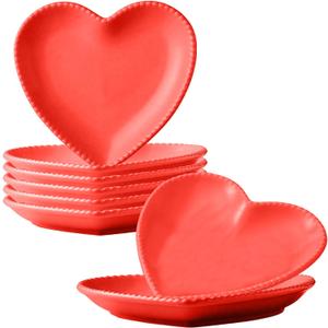 Ceramic Plates, 8 Pack Ceramic Dinner Plates Heart Dishes, Dessert Salad bowls For Appetizer, Steak, Snacks, Microwave & Oven Safe (Red)