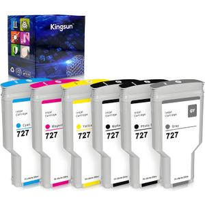 727 Ink Cartridge 300ml HP 727 Ink C1Q12A F9J76A F9J77A F9J78A F9J79A F9J80A Compatible for DesignJet T920 T930 T1500 T1530 T2500 T2530 Printers (6-Pack, PBK, MBK, GY, CY, MG, YL)
