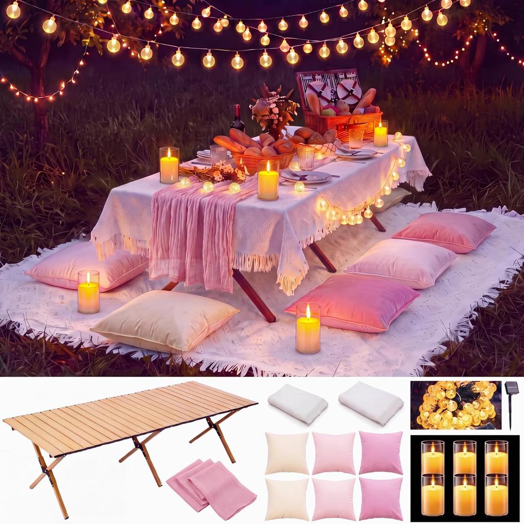 Tigeen 17 Pcs Boho Picnic Set up with Table, Blanket, Pink and White, 70.87" x 102.36"
