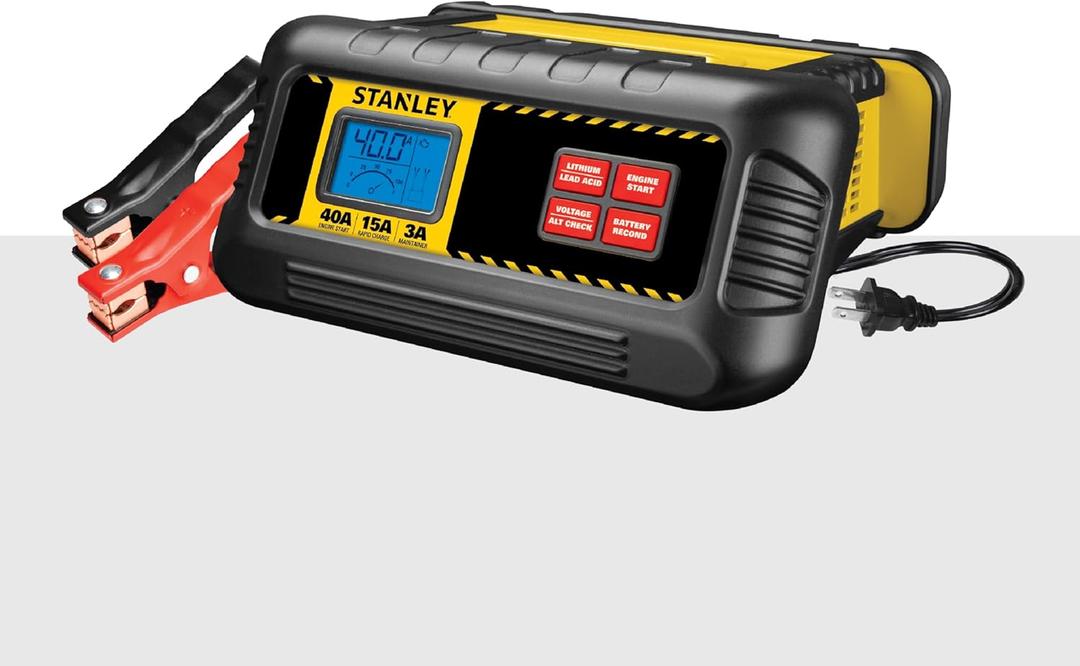 STANLEY BC40BS 15 Amp Battery Charger for Lithium or Lead Acid Batteries with 40 Amp Engine Start, Voltage and Alternator Check