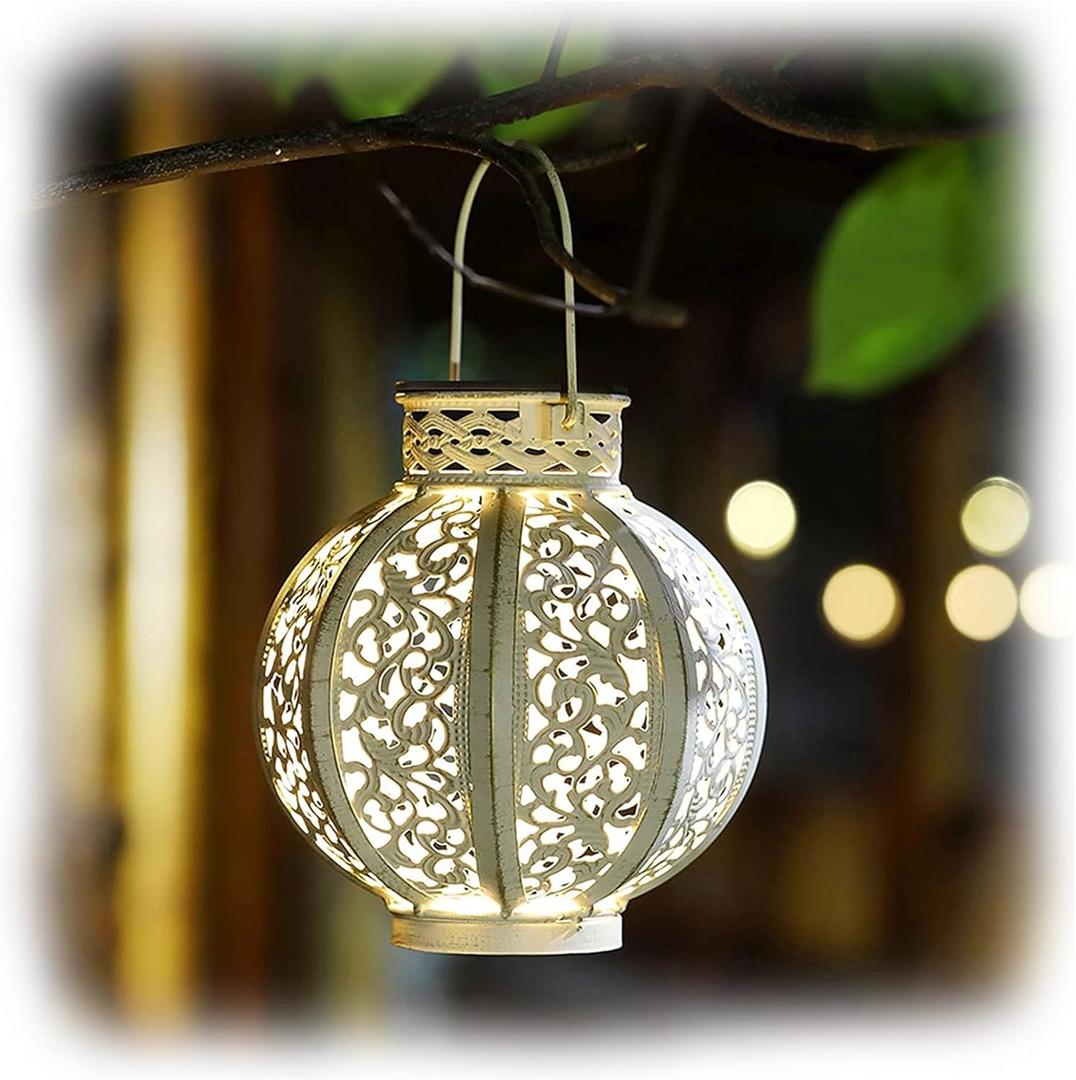 MAGGIFT 2 Pack Hanging Solar Lights for Outside,Solar Lanterns Outdoor Waterproof,Retro Hanging Lantern with Handle for Yard, Garden Decor, Gardening Gifts, Mom Birthday Gift, Beige White
