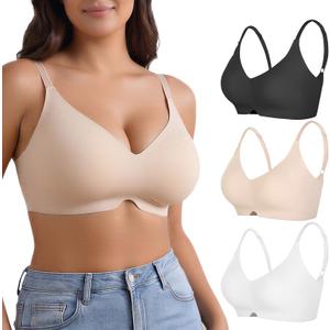 3 Pack Bra for Women No Underwire Seamless Full Coverage V-Neck Bralette with Adjustable Straps Removable Padding L