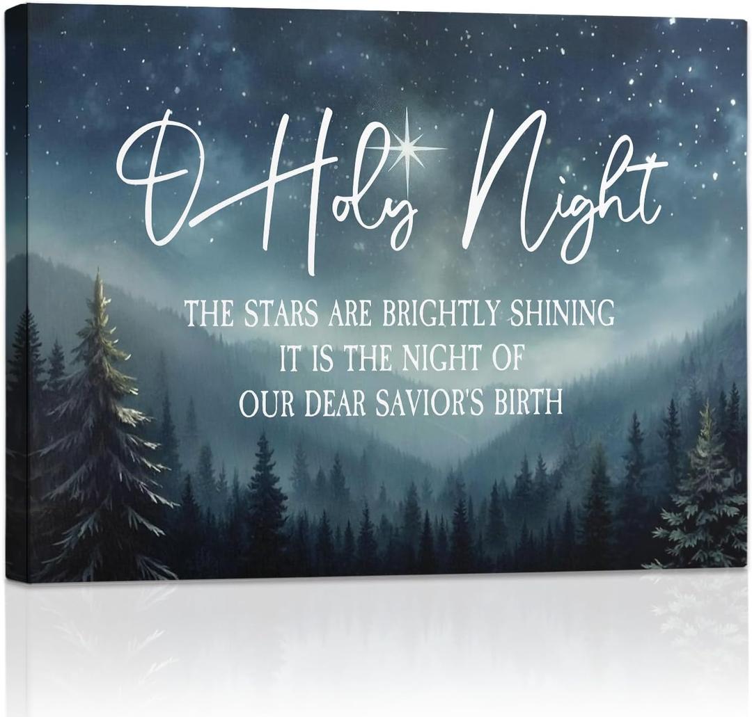 5 x RLTXBUK O Holy Night Christian Christmas Wall Art Decor, Christian Christmas Wall Decor, Religious Starry Night Mountain Forest Bible Verse Framed Canvas Prints Posters for Home Bedroom, 14x11 Inch