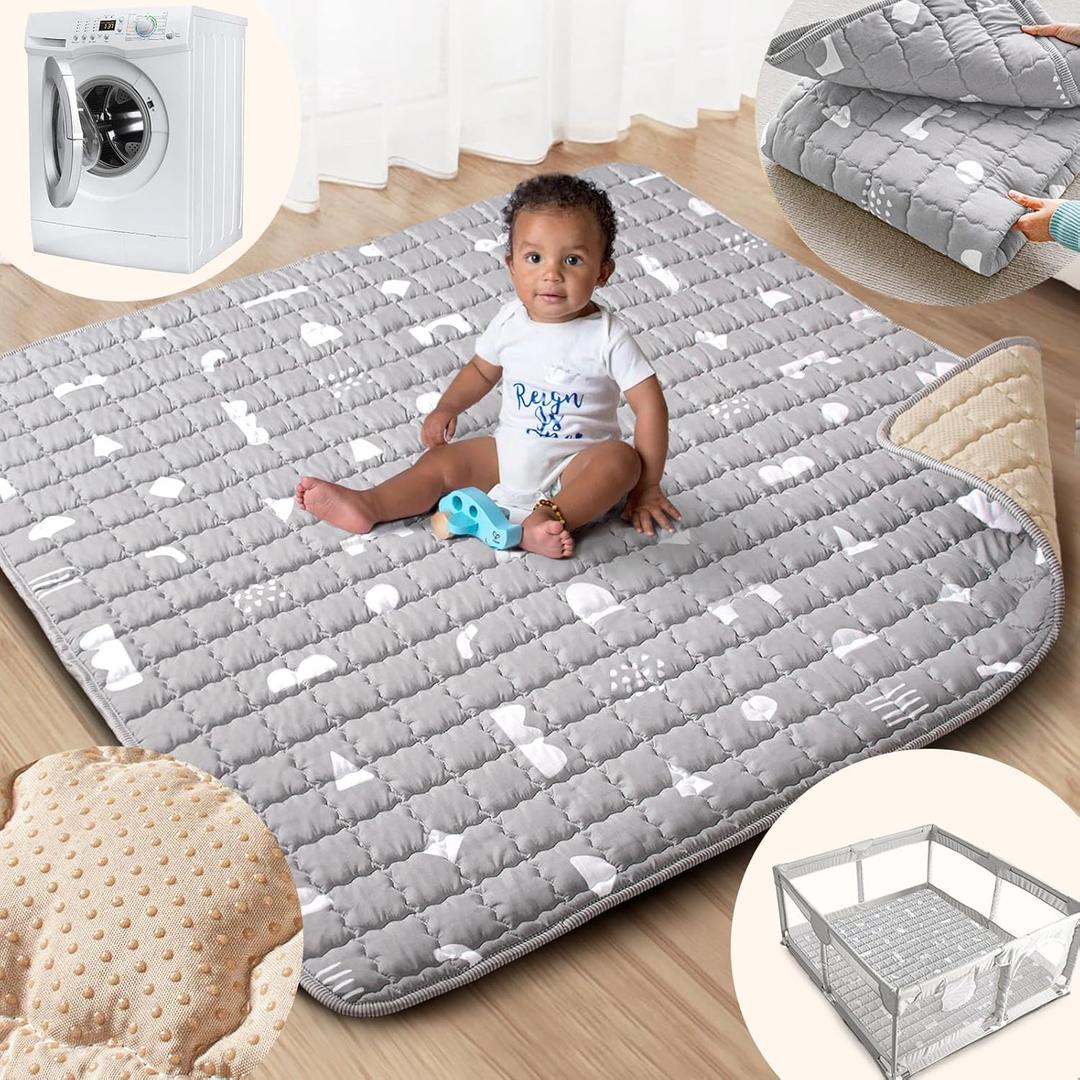 Baby Play Mat, 50x50 Playpen Mat with Super Soft Touch, Activity Mat with Upgraded Anti-Slip Bottom, Machine Washable Crawling Mat for Floor & Picnic (Boho Gray)