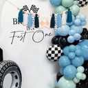 Fast One High Chair Banner - Race Car Highchair Banner, Racing First Birthday Yarn Tassel Decorations, Checkered Flag One Sign for Party, Cake Smash, Photo Prop (Blue)
