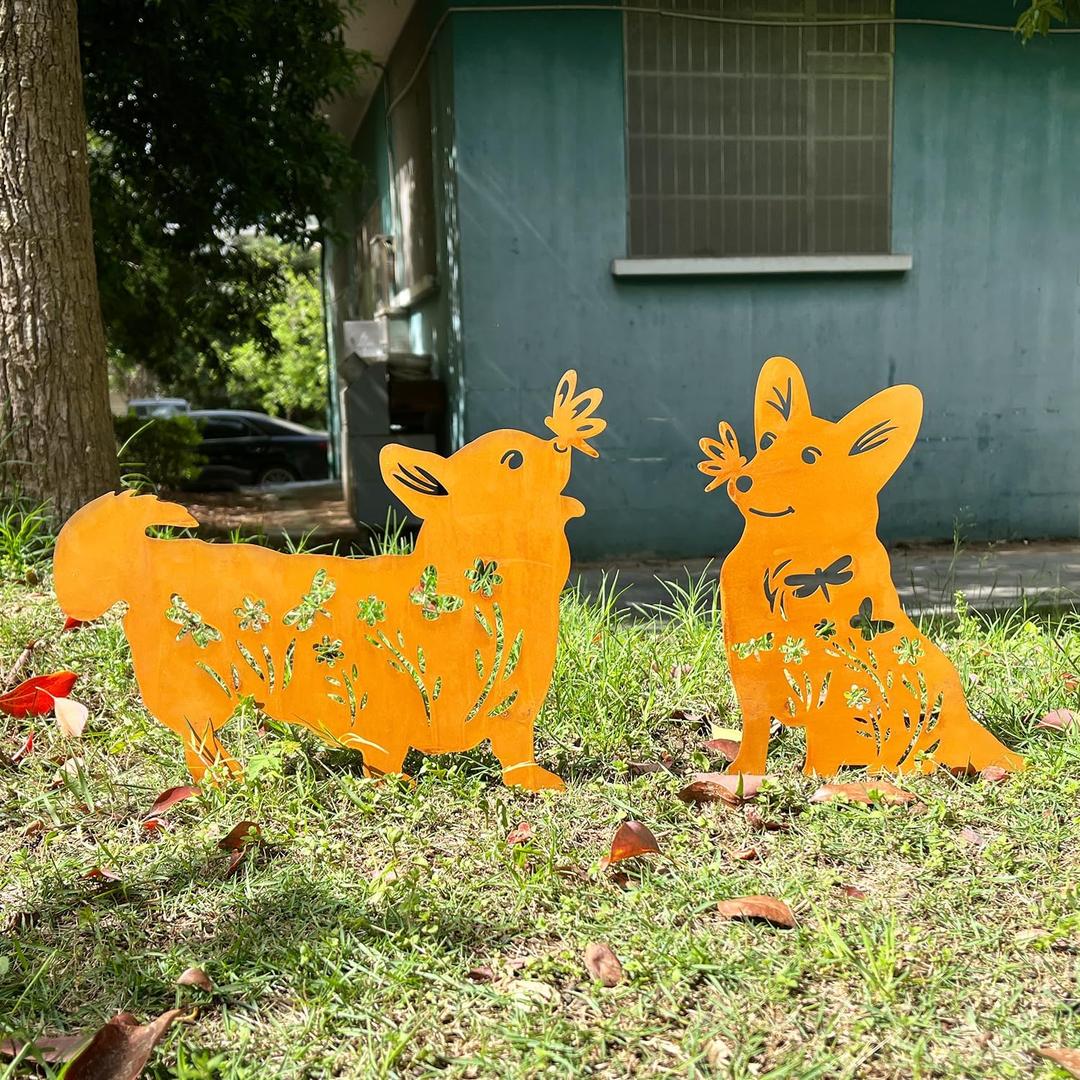 2PCS Rusty Corgi Decorative Garden Stakes, Metal Dog Yard Decor, Corgi Lover Gifts for Women Mom Grandma Wife, Metal Dog Statues Garden Sculptures and Yard Art, Patio, Lawn Ornaments
