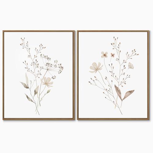 Boho Wall Art Set of 2 Watercolor Botanical Floral Picture Blossomy Wildflower Canvas Art Prints Minimalist Flower Wall Decor for Living Room Bedroom Bathroom Home Office Decoration, 11x14 Inch Framed