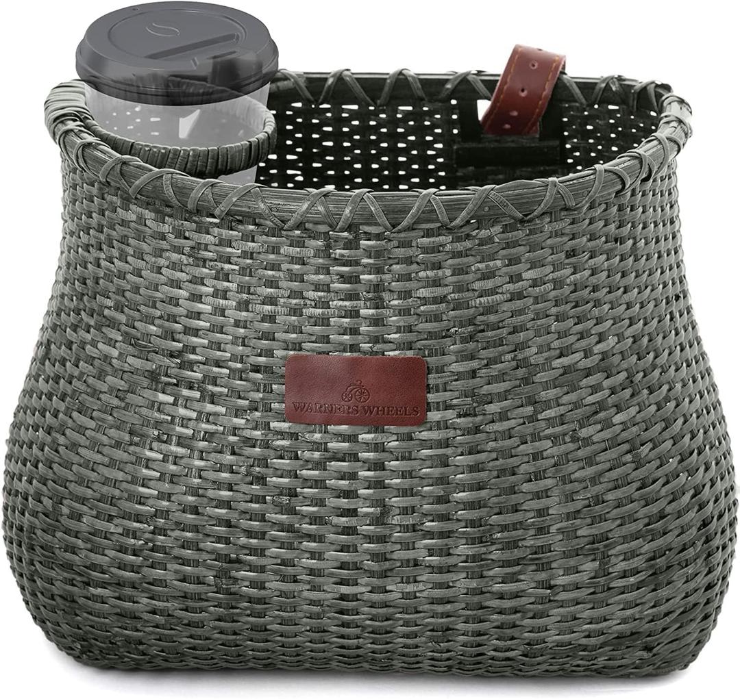 Bike Basket Front for Women's and Mens Cruiser with Coffee Cup Holder, Handmade Bicycle Basket for Adult Bikes mounts to Front Handlebars of Beach Cruisers (Black)