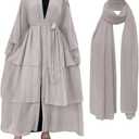 Muslim Chiffon Abaya for Women Open Front Cardigan Modest Dress with Hijab Scarf Middle East Arabian Robe Islamic Long Dress (Small, Grey)