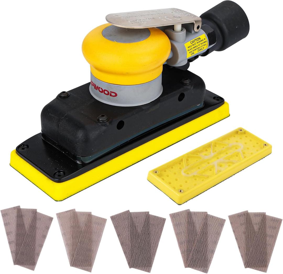 2-3/4" x 8" Dust-free Air Orbital Sander, 70 mm x 198 mm 1/8 in Orbit, 10,000 Max OPM Dust Bag Style Central Vacuum with Extra Hook-Loop Pad and 15pcs (80/120/180/320/400) mesh sandpapers