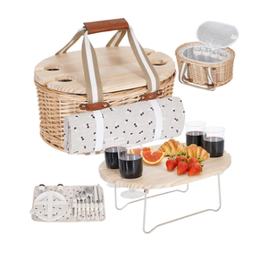 Picnic Basket Set for 4 - Wicker Insulated Picnic Basket with Waterproof Blanket, Folding Wine Picnic Table & Cutlery Kits, Picnic Baskets Kit for Camping, Outdoor, Valentine (Cherry)