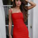 Womens Square Neck Spaghetti Strap Sleeveless Bodycon Cami Dresses Ruffle Hem Ruched Backless Sexy Mini Dresses (Red, L)