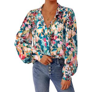 PRETTYGARDEN Women's Floral Blouses Dressy Casual V Neck Button Down Shirts Lantern Long Sleeve Boho Chiffon Spring Tops 2026 (L)