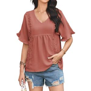 Womens Summer Tops V Neck Ruffle Half Sleeve Blouses Cute Lace Peplum Shirts Casual Boho Babydoll Clothing 2025 (Brown, M)