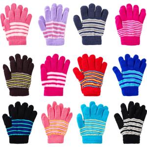 12 Pairs Kids Gloves Winter Toddlers Knit Gloves Warm Stretchy Glove Bulk Pack for Boys Girls Cold Weather (4-8 Years, Multicolor)